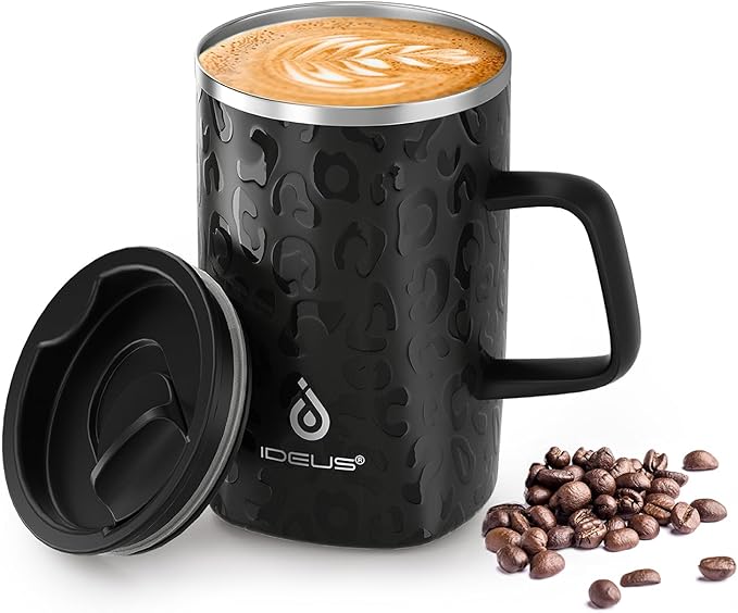 Ideus Vacuum Insulated Coffee Mug, 16oz Reusable Stainless Steel Thermal Double Walled cup with Handle and Slider Lid for Hot & Cold Beverages, BPA Free (Leapord Black)