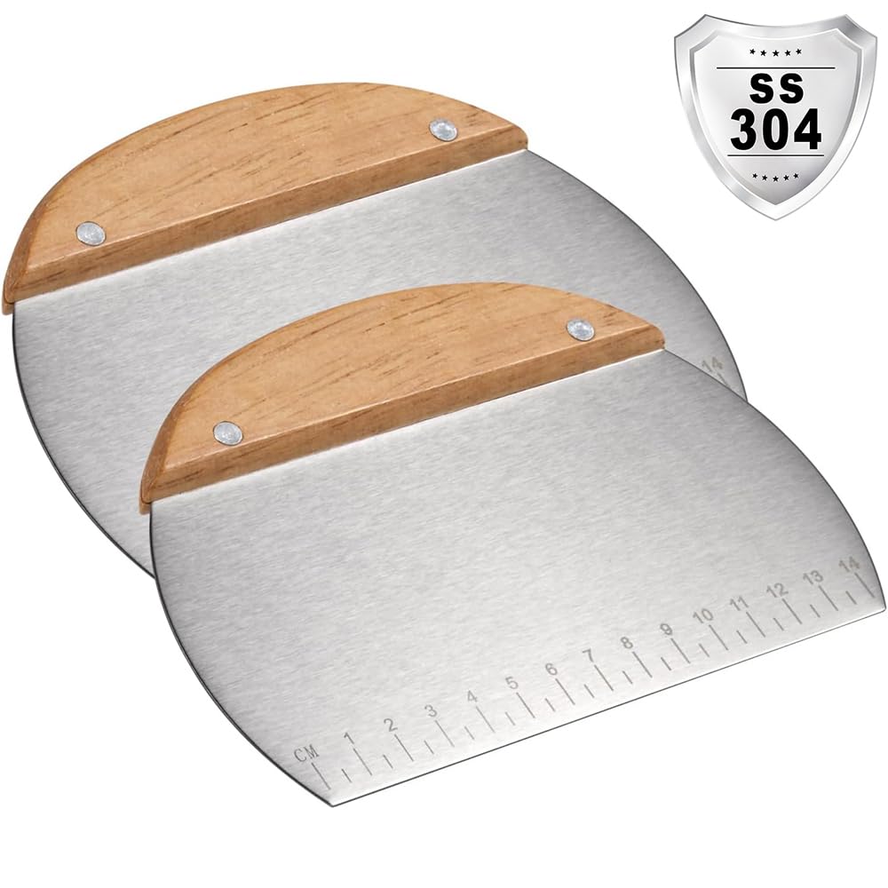 Kichwit 2 Pack 304 Stainless Steel Grill Scrapers with Wood Handle, Dough Scraper, Cake & Pizza Cutter, Multi-Purpose Scraper Tool for Kitchen