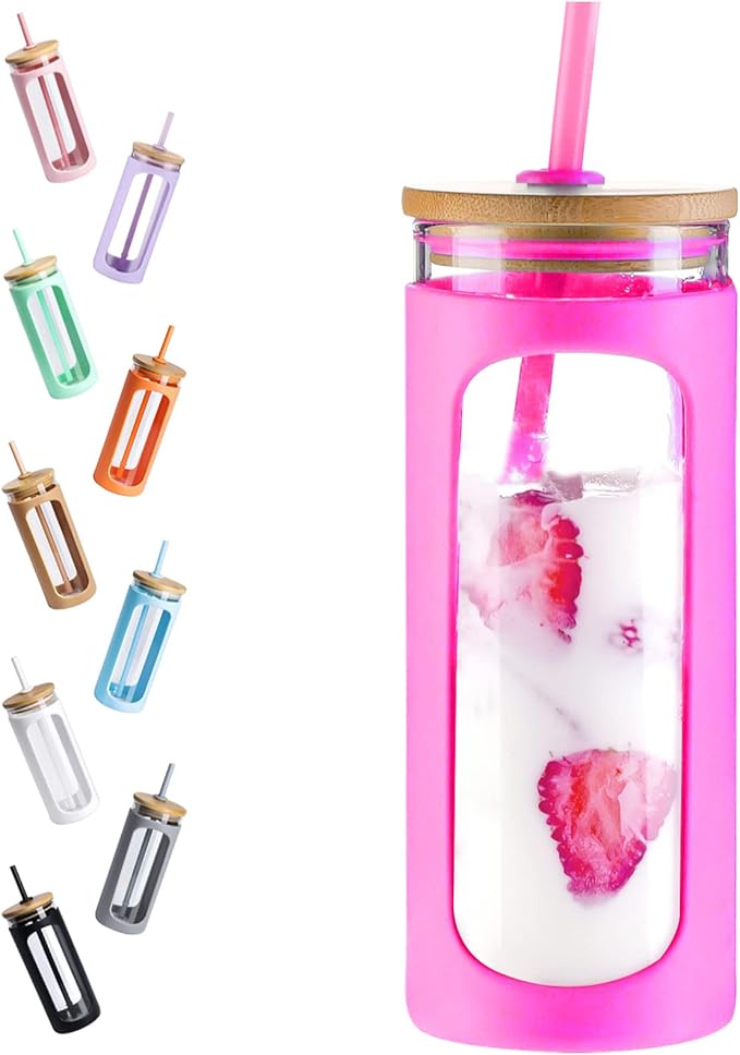 Kodrine 20oz Glass Tumbler with Straw and Lid, Iced Coffee Cups with Bamboo Lids, Glass Cups for Cold Drinks, Smoothie Cup with Silicone Sleeve for Travel, Work, BPA FREE-Rose