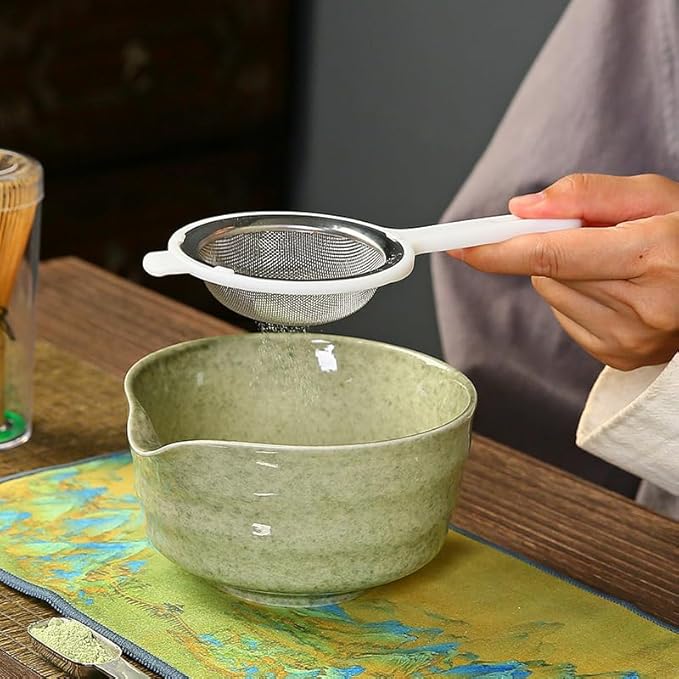6-Piece Matcha Whisk Set, Japanese Bamboo Chasen, Scoop & Sifter, Traditional Ceremonial Kit with Ceramic Bowl, Whisk Holder Stand, Chakin Cloth (Ceramic glaze blue)