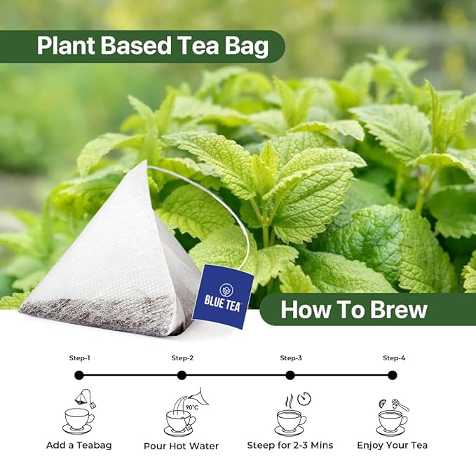 BLUE TEA - Lemon Balm Tea - 100 Count - Plant Based Tea Bag | RELIEVES STRESS - IMPROVES DIGESTION | Reduces Bloating | Refreshing Citrus Flavour - Leaf Based - Caffeine Free | Ziplock Pouch