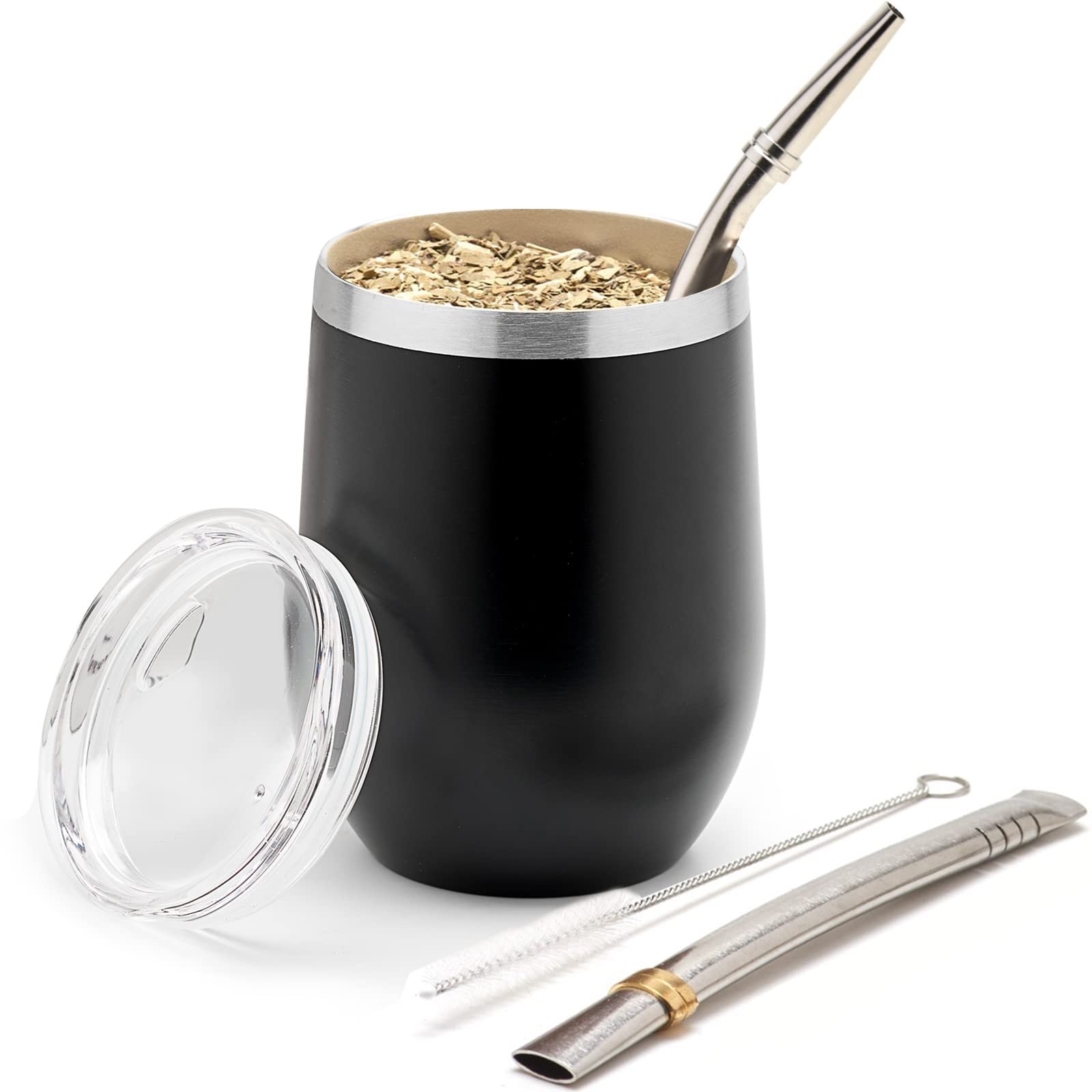 BALIBETOV 5-Piece Large Yerba Mate Cup and Bombilla Kit – Yerba Mate Gourd with Lid, 2 Bombilla Mate Straws, Cleaning Brush, Double-Wall Stainless Steel Mate Cup Set