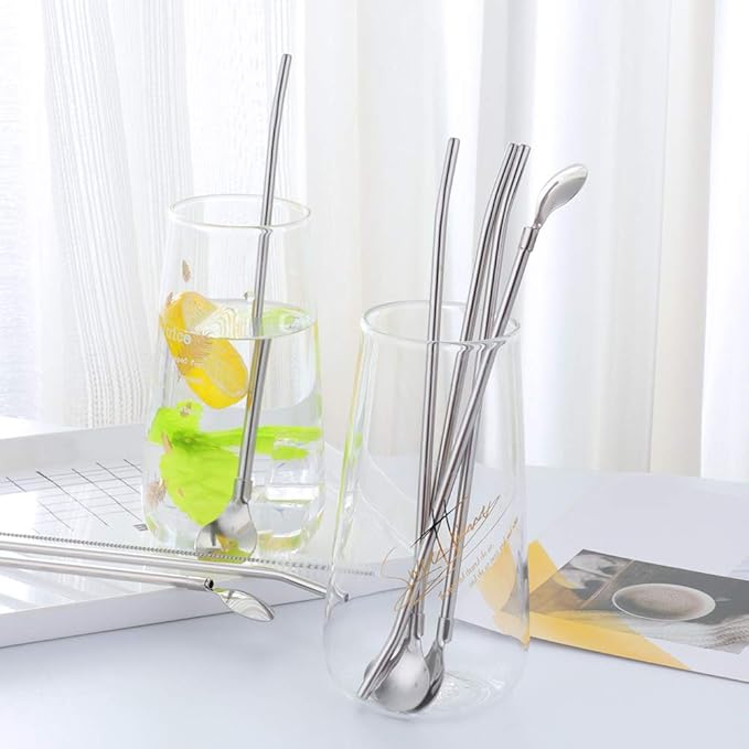 Straws - 8 PCS Silver 8.5 Inch 18/8 Stainless Steel Reusable Metal Straws With 2 Cleaning Brushes