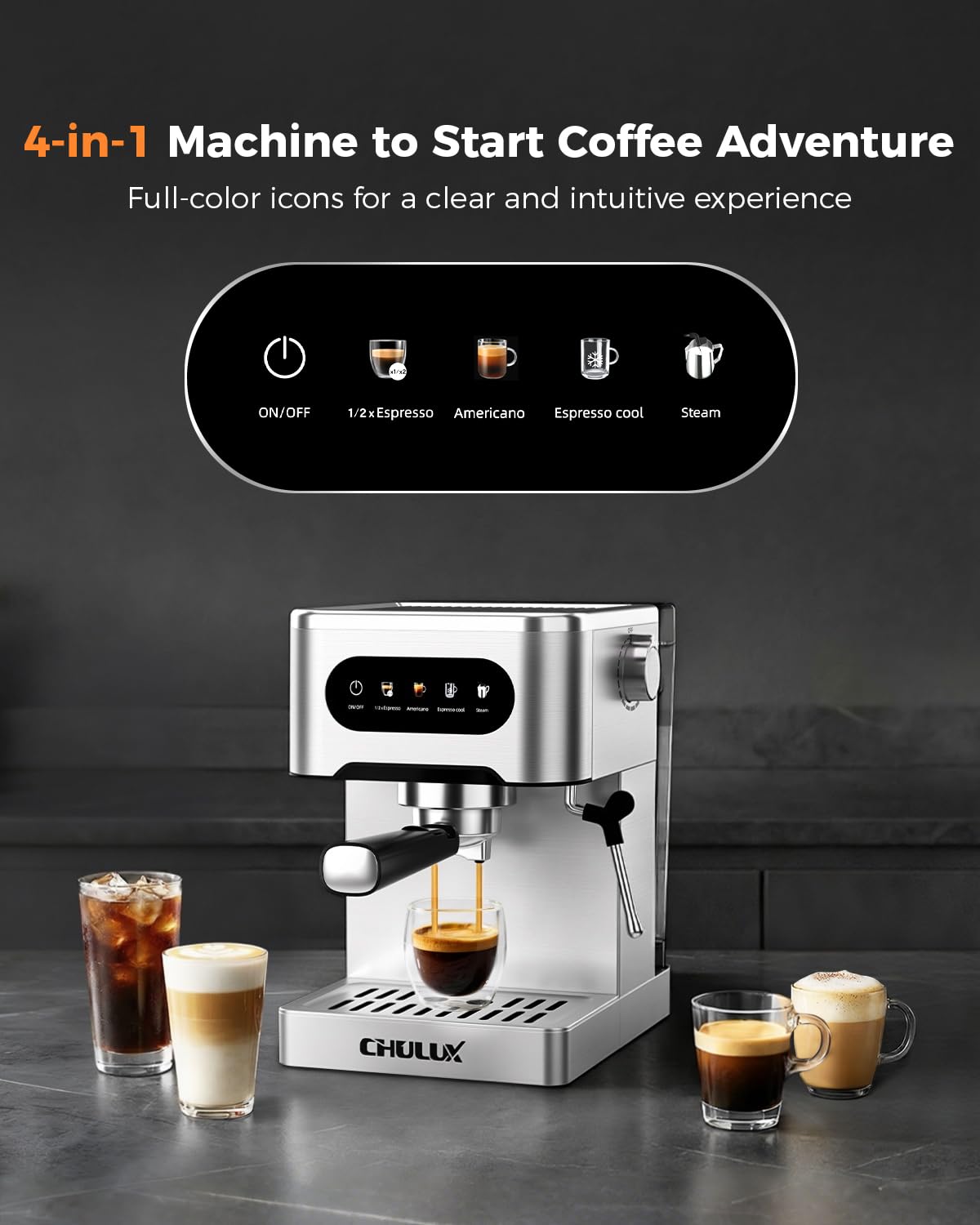 CHULUX Cold Brew Espresso Machine, 20 Bar Stainless Steel Touchscreen Cappuccino & Latte Machine with Steam Wand for Home
