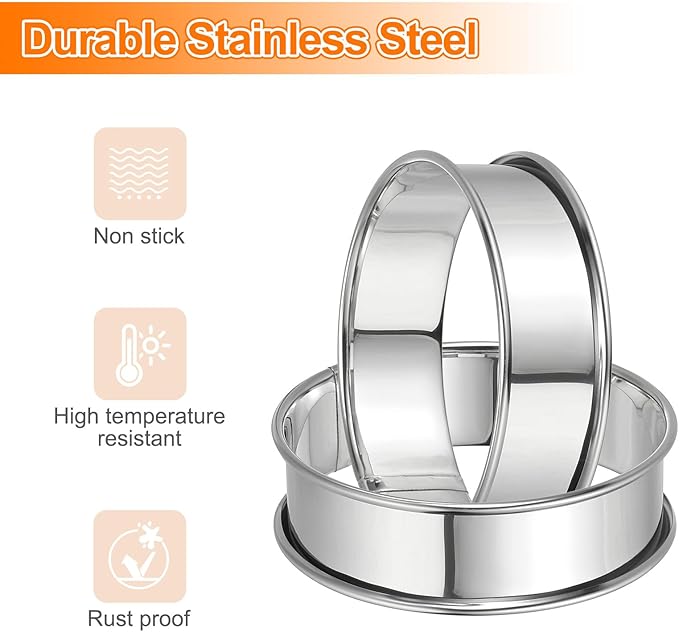 HARFINGTON 4pcs Crumpet Rings 3.15" Nonstick Round Cake Ring Stainless Steel Double Rolled English Pastry Rings for Kitchen Baking Crumpet Dessert, Silver