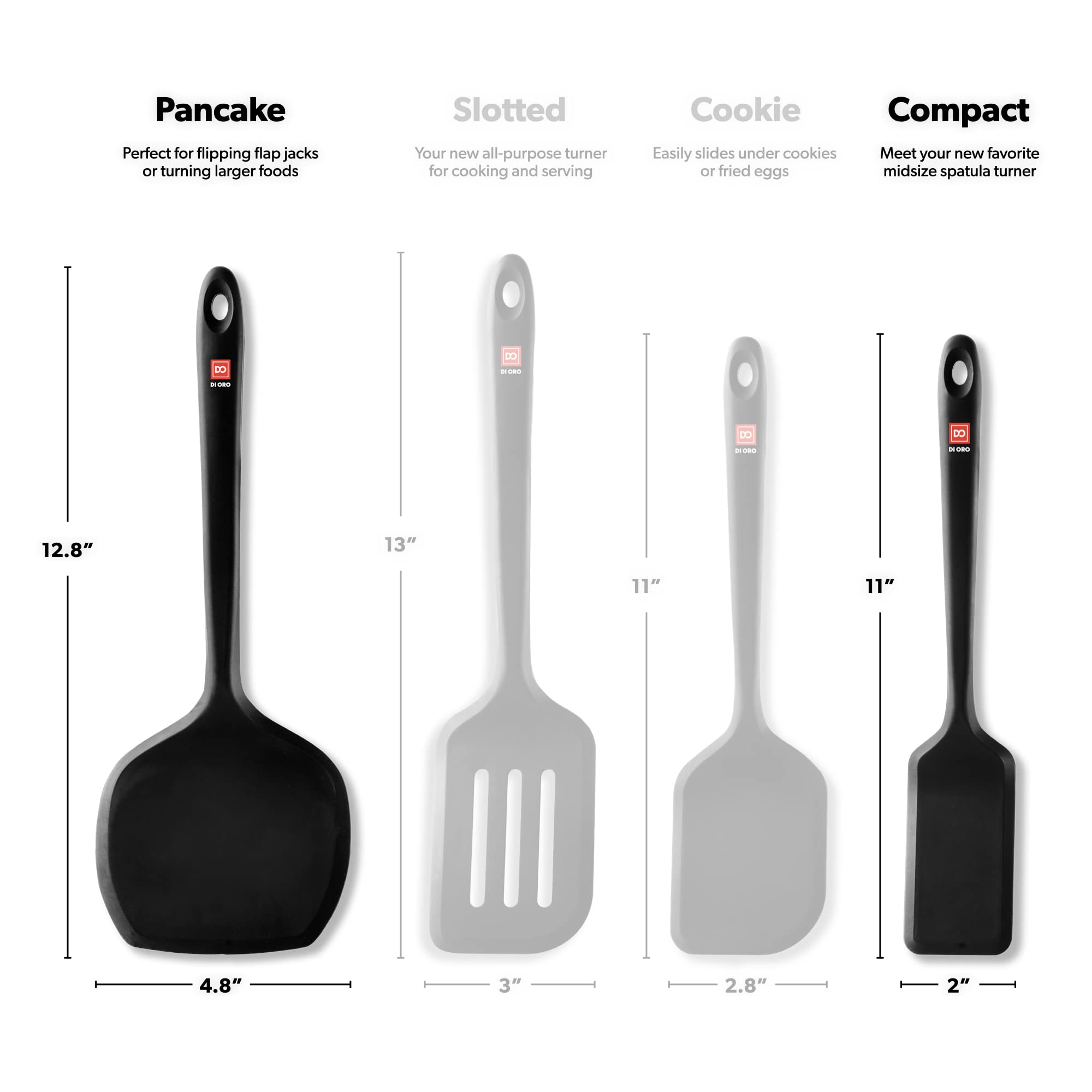 DI ORO Silicone Turner Spatula Set - 600F Heat Resistant, 2-Pc Black