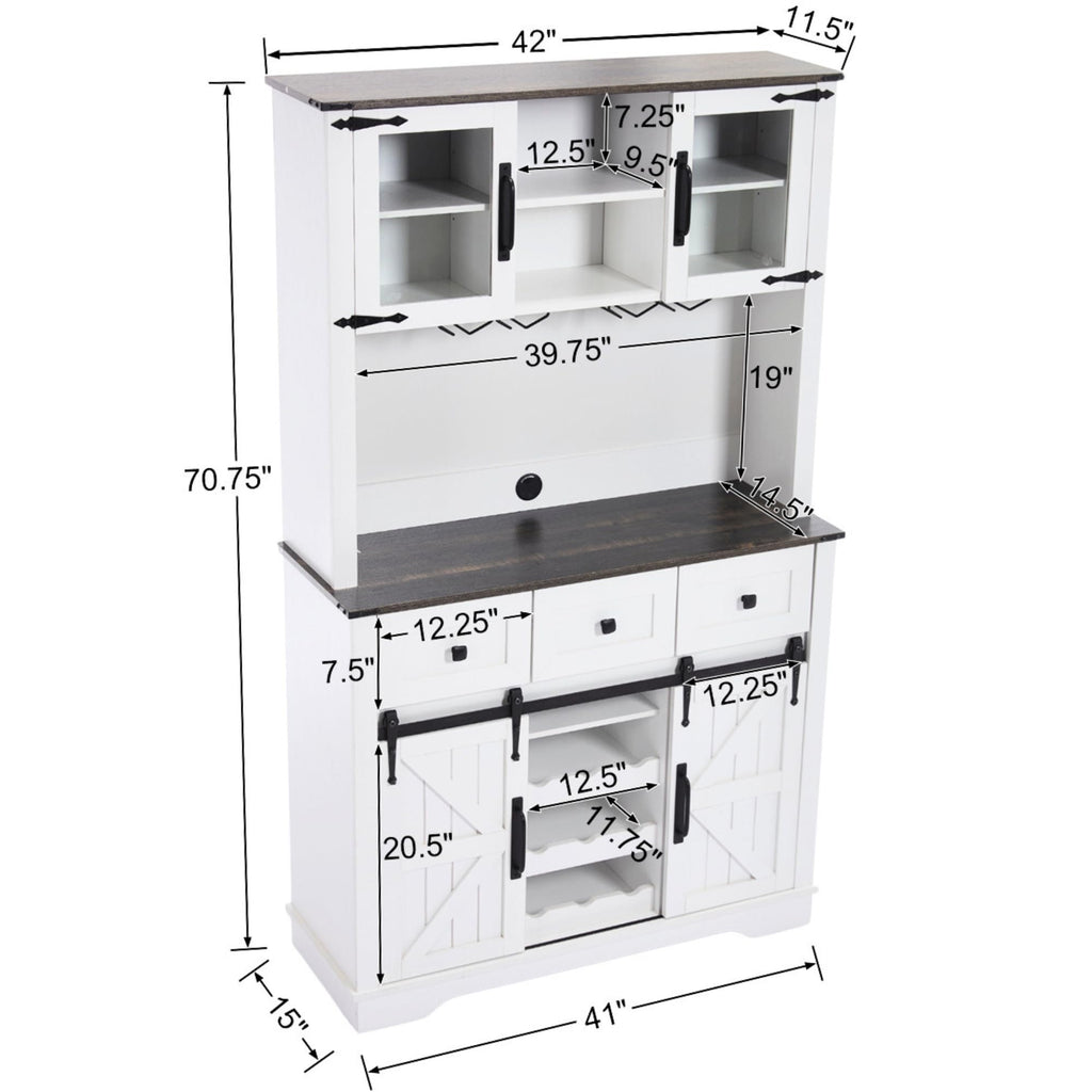 DM Furniture Coffee Bar Cabinet with Sliding Barn Doors 71'' Farmhouse Pantry Cabinet with Drawers & Wine Glass Rack Rustic Buffet Cabinet for Kitchen, White and Black