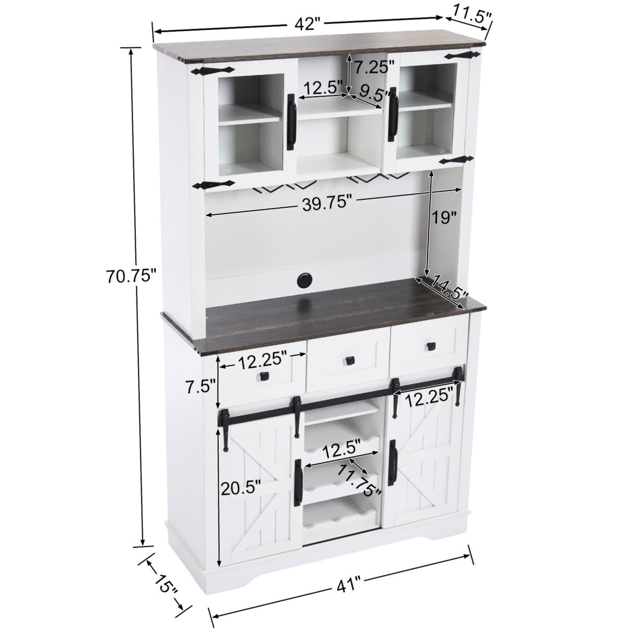 DM Furniture Coffee Bar Cabinet with Sliding Barn Doors 71'' Farmhouse Pantry Cabinet with Drawers & Wine Glass Rack Rustic Buffet Cabinet for Kitchen, White and Black