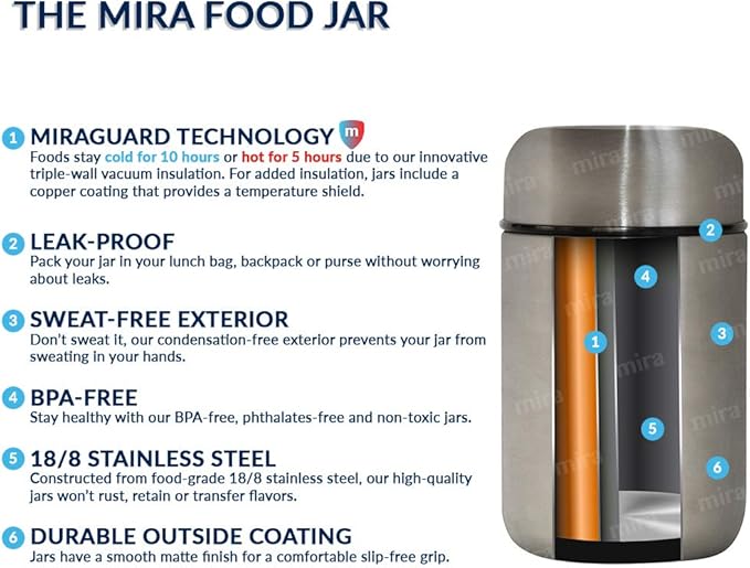 MIRA 9oz Insulated Food Jar Thermo for Hot Food & Soup, Compact Stainless Steel Vacuum Lunch Container - White