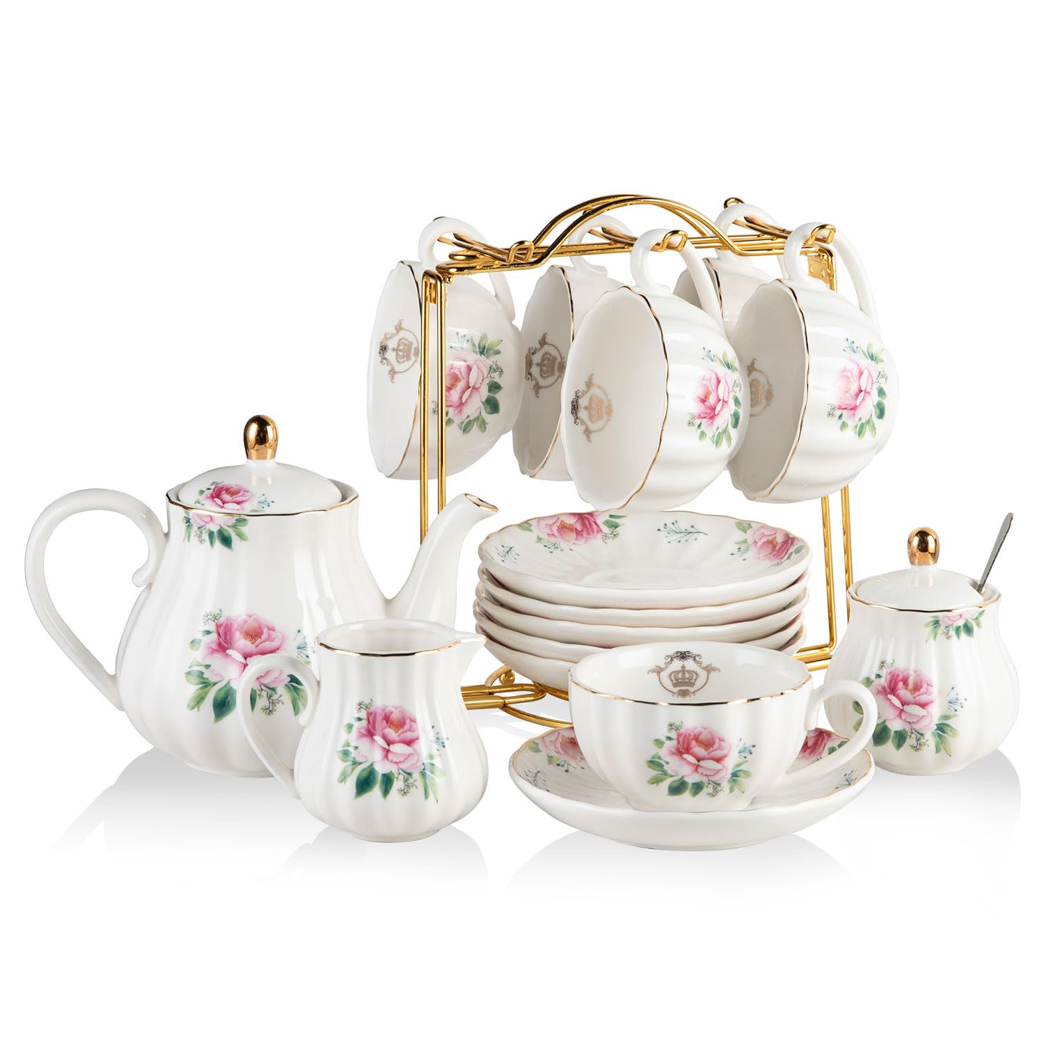 Sweejar Porcelain Tea Sets British Royal Series, 8 OZ Cups & Saucer Service for 6, with Teapot Sugar Bowl Cream Pitcher Teaspoons and Tea Strainer, Suitable for High Tea, Wedding, Party(Blush Pink)