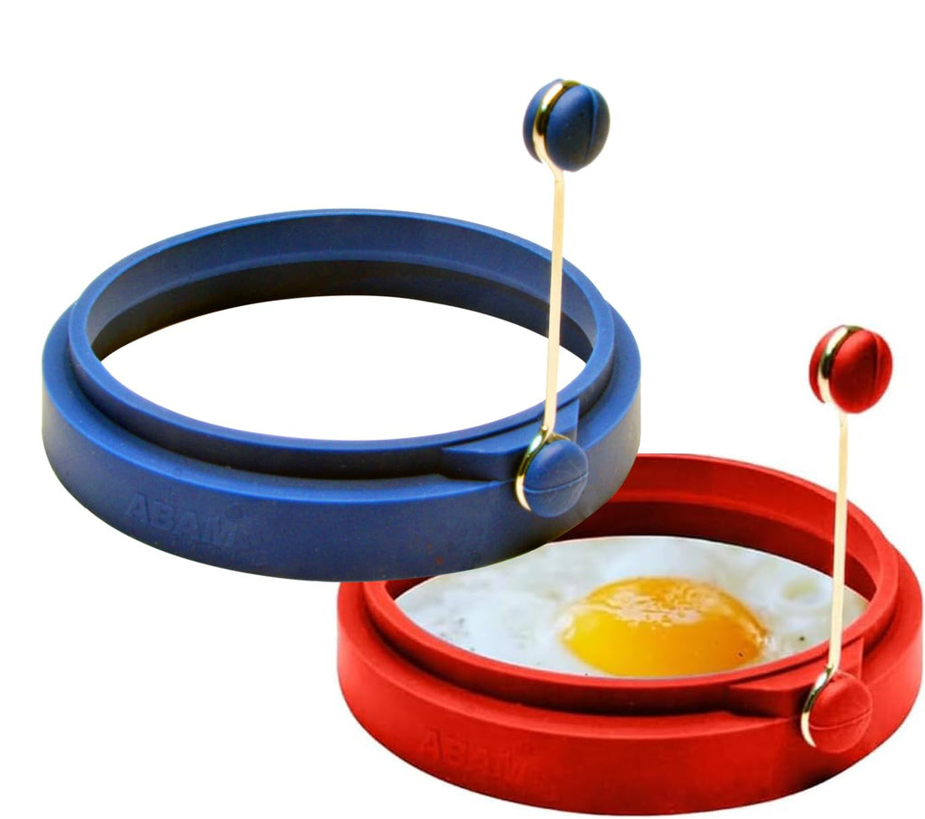 Professional 4 Inch Silicone Egg Ring, Pancake Mold Egg for Breakfast Sandwiches, Omelets and More, Nonstick Mold Ring, Round Blue (Pack of 2), Free e-Book by Abam (Blue & Red)