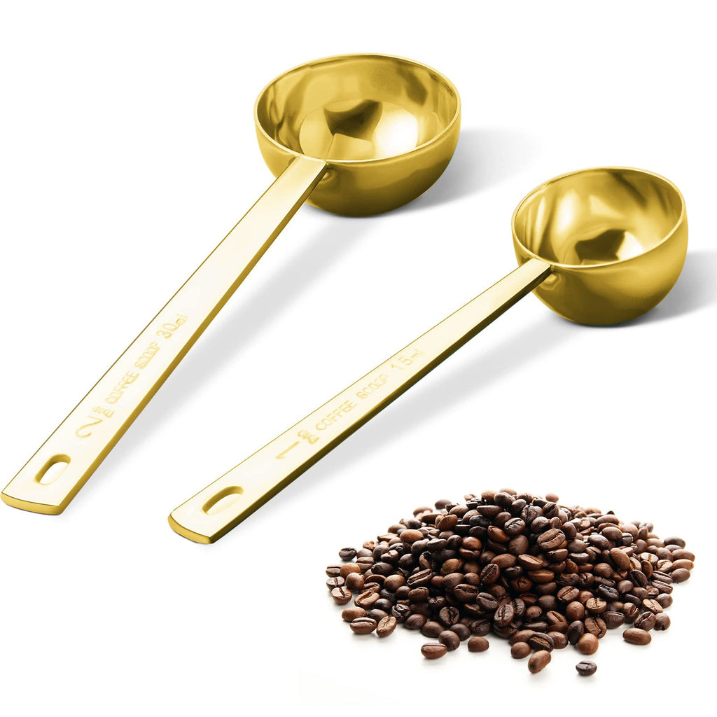 Safring Premium Coffee Scoop Set, Set of 2, Metal Stainless Steel Long Handle Coffee Scoop, Measuring Coffee Spoons Contains 1 Tablespoon (15 ml) and 2 Tablespoons (30 ml) Spoon-Gold