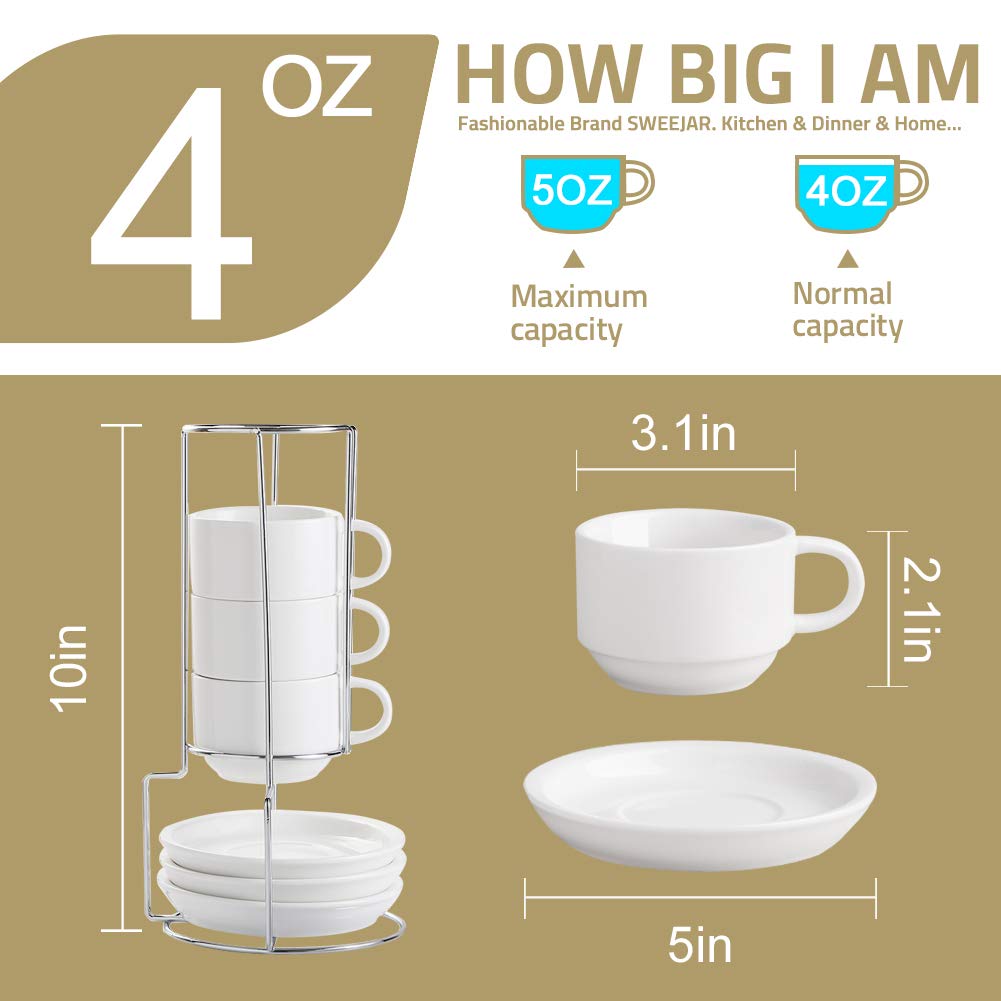 Sweejar Porcelain Espresso Cups with Saucers, 4 Ounce Stackable Cappuccino Cups with Metal Stand for Coffee Drinks, Latte, Tea - Set of 4 (Jade)