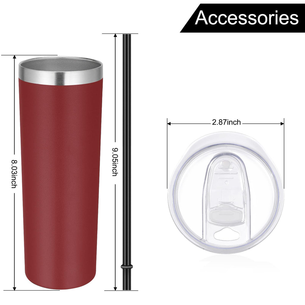 VEGOND 20 oz Stainless Steel Skinny Tumbler with Lids and Straws, 20oz Vacuum Insulated Slim Tumbler Cup, Double Wall Travel Tumblers Bulk for Cold Hot Drinks, Wine Red 12 Pack