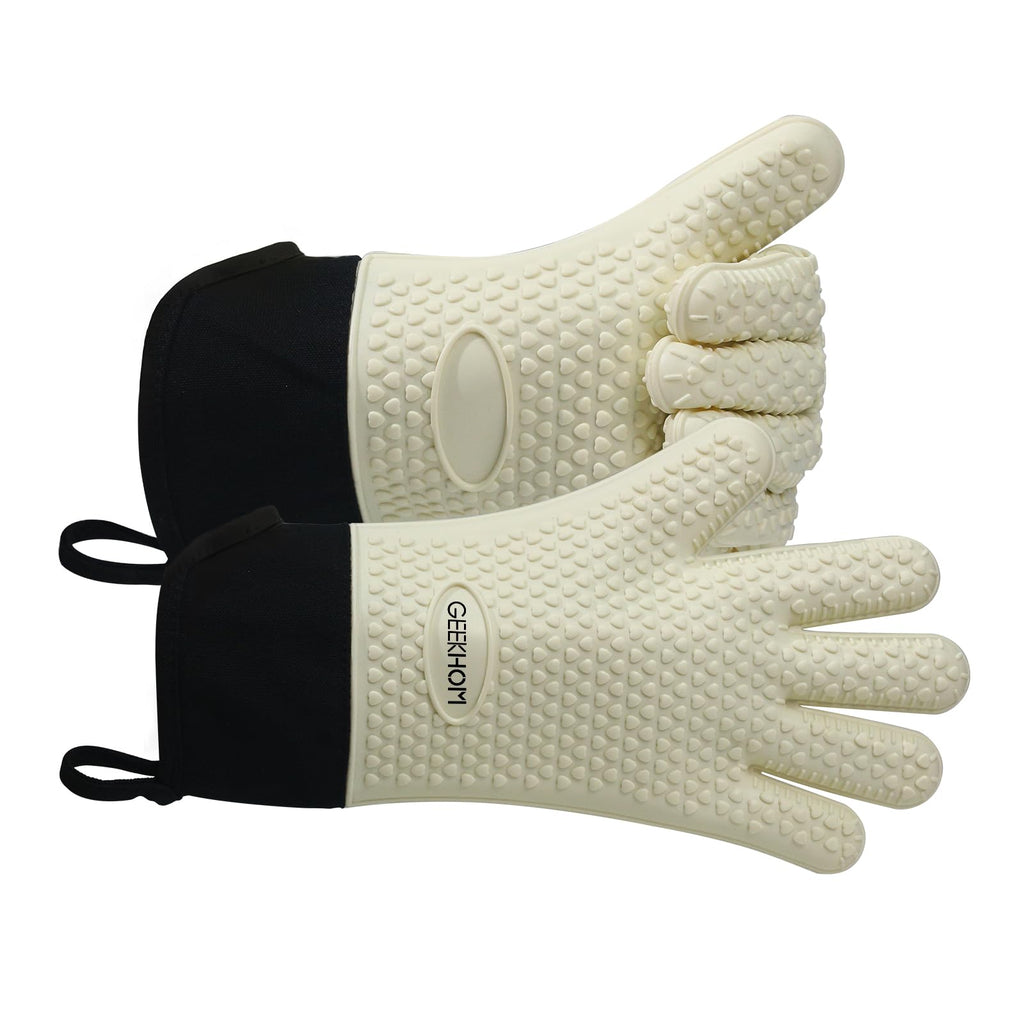 GEEKHOM BBQ Gloves Heat Resistant Oven Mitts - Silicone Grilling Gloves with 14" Long Arm Protection - Waterproof Pot Holder Non-Slip for Men & Women, Kitchen Cooking, Baking, Camping, Beige