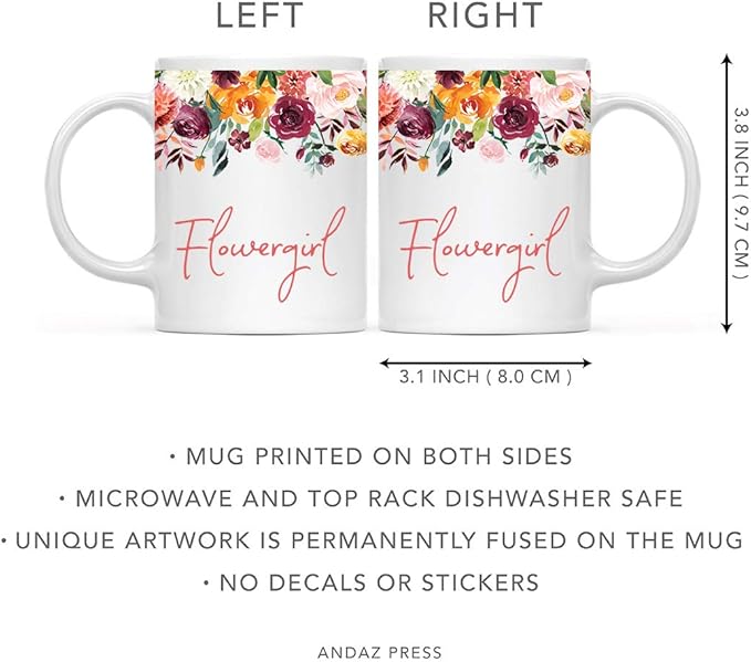 Andaz Press 11oz. Wedding Ceramic Coffee Tea Mug Gift, Fall Autumn Burgundy Orange Peach Flowers Roses Florals, Flowergirl, 1-Pack, Includes Gift Box