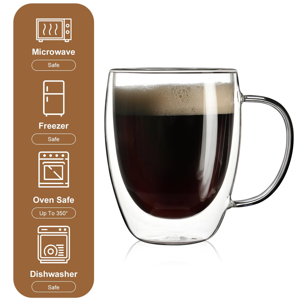 Aurzen 2 Pack Double Walled Glass Coffee Mugs with Handles, Large Insulated Layer Coffee Cups, 12oz Clear Borosilicate Mugs, Perfect for Cappuccino, Tea, Microwave Safe