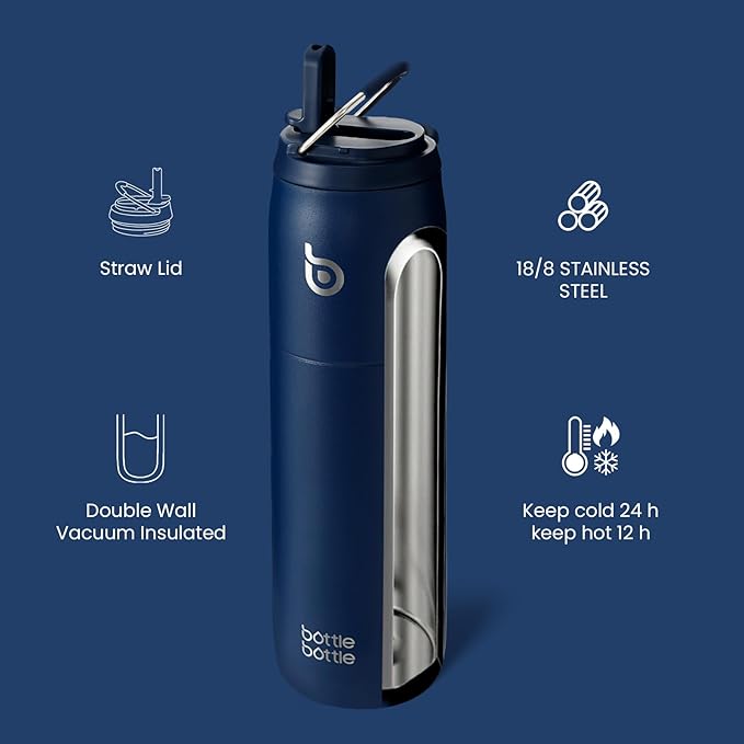BOTTLE BOTTLE Stainless Steel Water Bottle with Straw and Lid 32 oz Vacuum Insulated Cup Stay Cold and Hot, Leak-Proof Wide Mouth Water Bottles for Men,indigo blue