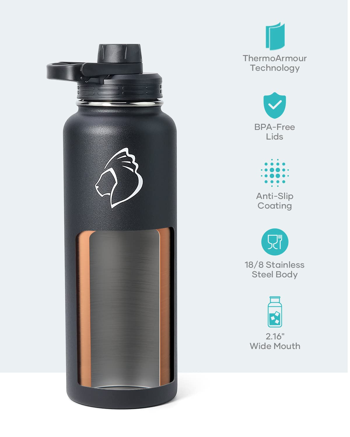 BUZIO 40oz Insulated Stainless Steel Water Bottle with Straw & 3 Lids