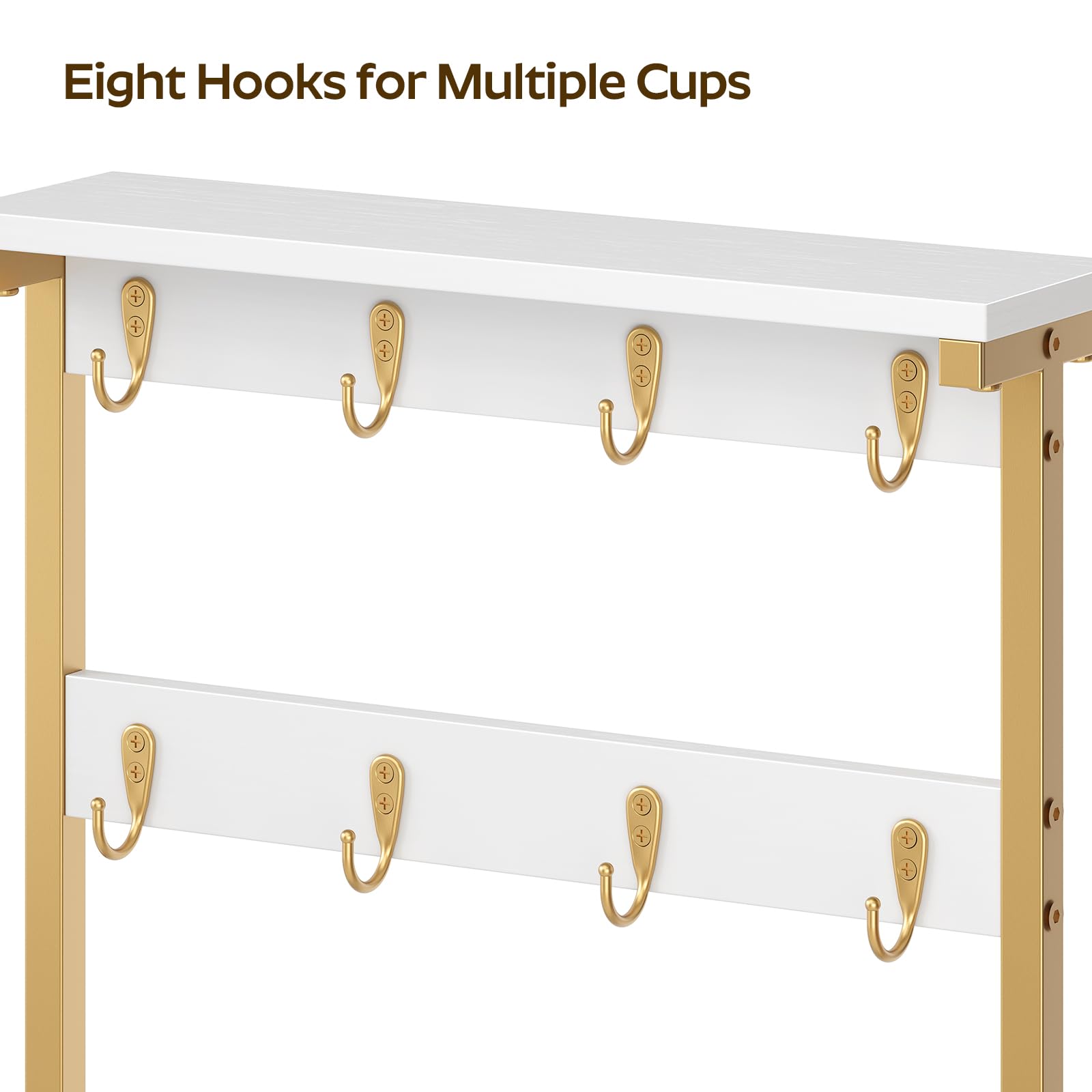 YATINEY Coffee Mug Holder for Counter, 2 Tier Mug Tree Rack, with 8 Hook and 2 Open Shelves, Vintage Mug Holder Stand for Home Kitchen, White and Gold MH43DW
