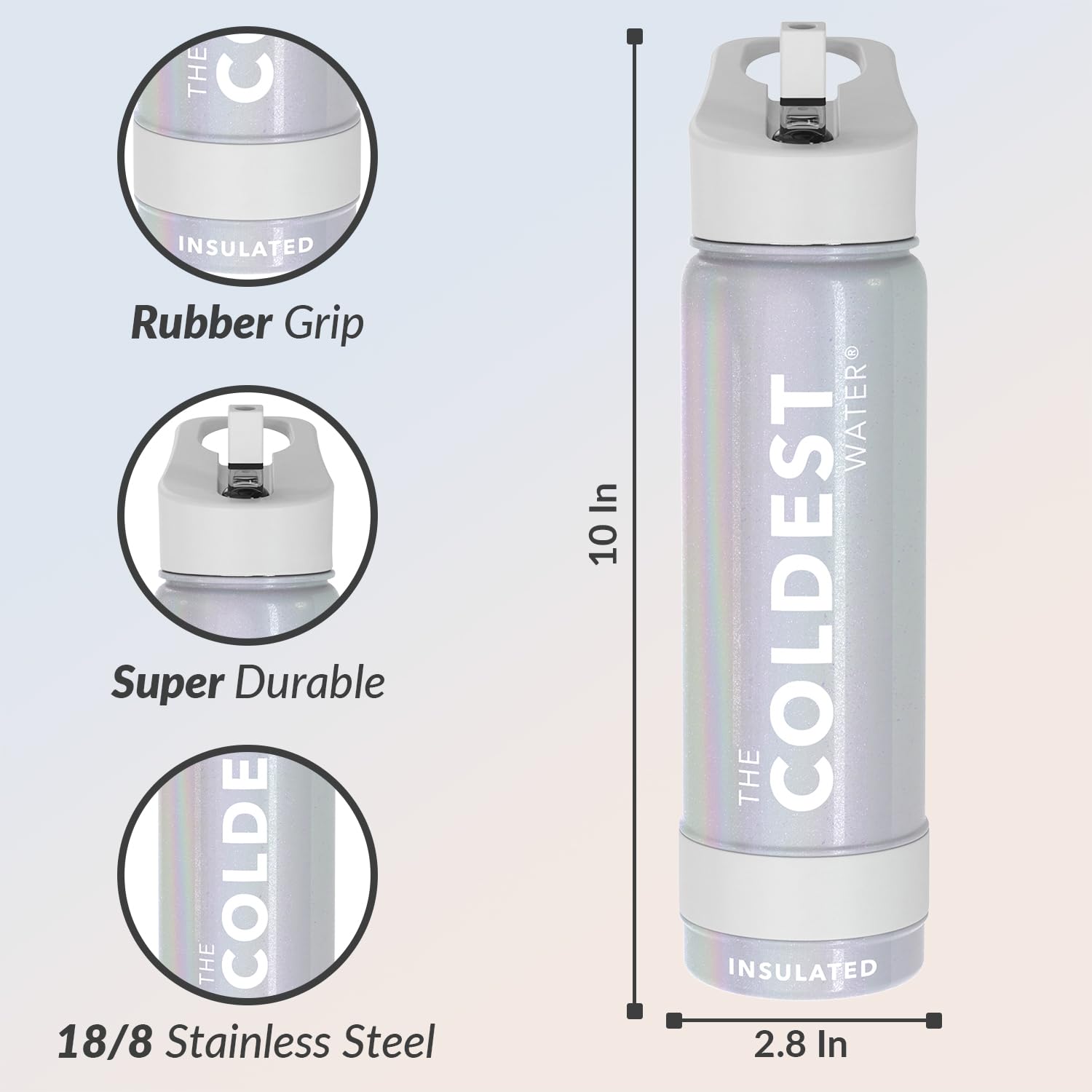 Coldest Insulated Water Bottle with Straw Lid - Stainless Steel Metal Insulated Bottle for Men & Women (Supernova Silver Glitter, 24 oz)