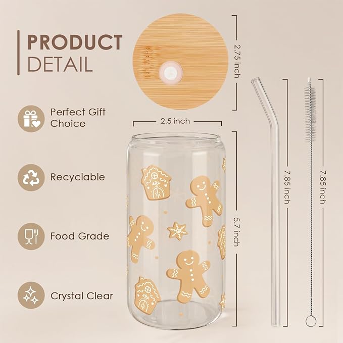 Gingerbread Christmas 16oz Can Glass Tumbler with Bamboo Lid & Straw - Iced Coffee Cup for Women Girls, Aesthetic Cups Gifts for Xmas