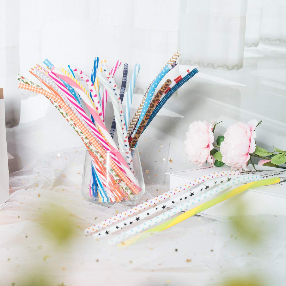 SUBANG 50 Pack Bent Reusable Straws, BPA-Free, 9" Colorful Hard Plastic Stripe Drinking Straw for Mason Jar Tumbler, Family or Party Use With Cleaning Brush