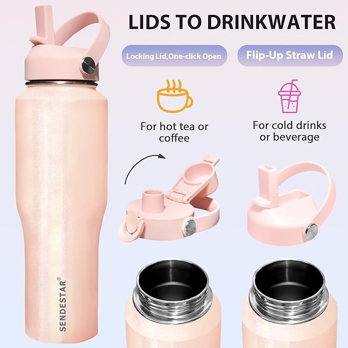 SENDESTAR 32oz Stainless Steel Water Bottle(Cold for 48 Hrs, Hot for 24 Hrs),Double Wall Vacuum Insulated Bottle with Straw Lid, Spout Lid and Flex Cap, Fit in Any Car Cup Holder TXIN-32-Laser Grey