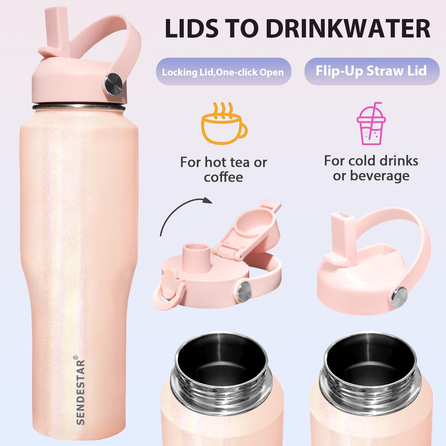 SENDESTAR 40oz Stainless Steel Water Bottle(Cold for 48 Hrs, Hot for 24 Hrs),Double Wall Vacuum Insulated Bottle with Straw Lid, Spout Lid and Flex Cap, Fit in Any Car Cup Holder