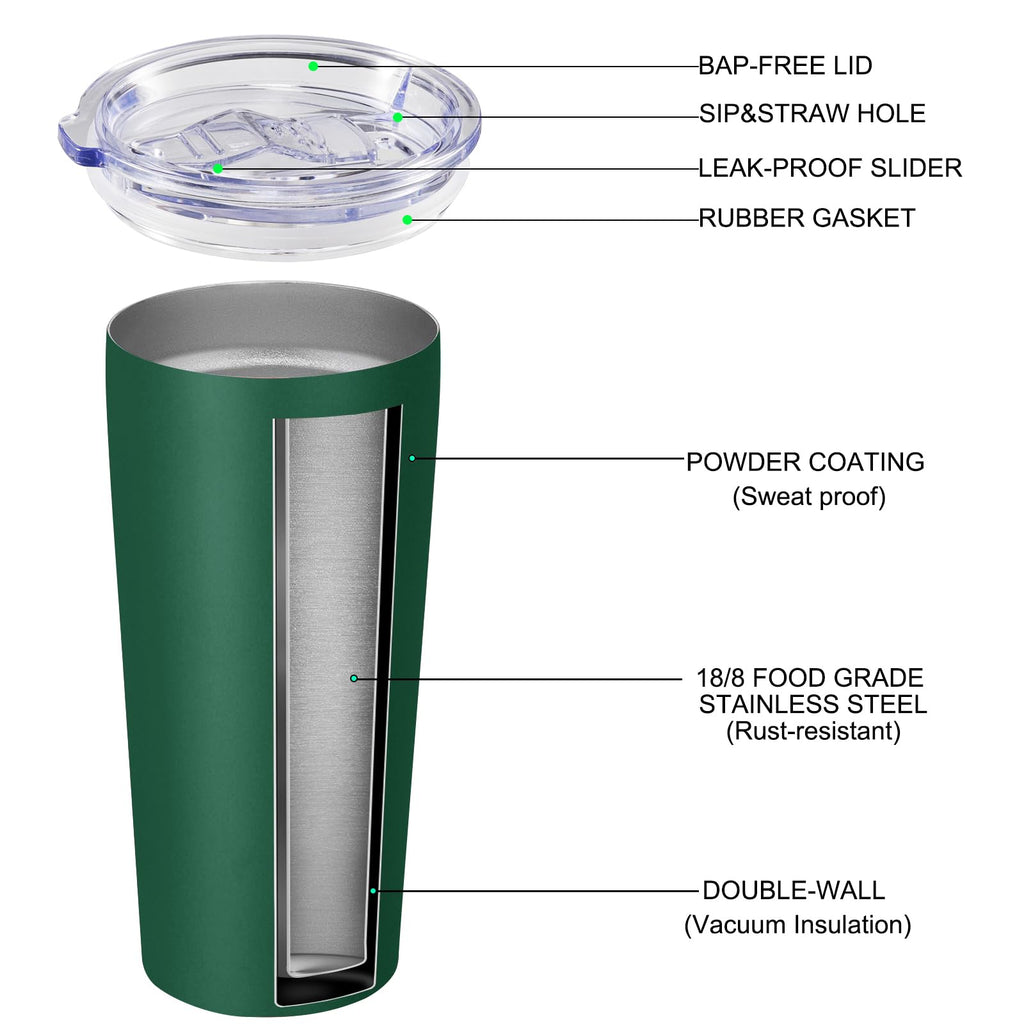 VEGOND 20oz Tumbler Stainless Steel Tumbler with Lid And Straw Vacuum Insulated Double Wall Travel Coffee Mug(dark green package 6)