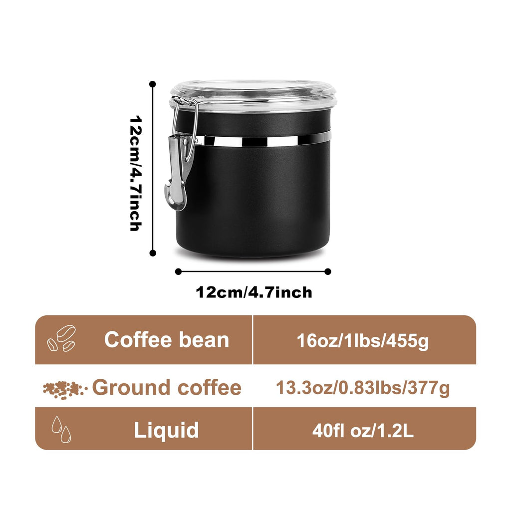 Walktosun Stainless Steel Food Container with Clear Lids Airtight Storage Container Stackable Small Canisters Kitchen Pantry Storage for Cereal, Snacks, Candy, Herbs, Spices, Sugar, Tea (1.2L Black)