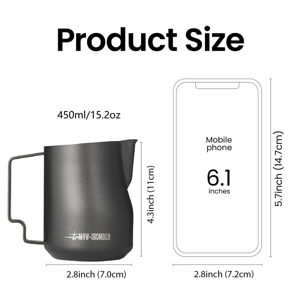 MHW Bomber 450ml/15.2oz Milk Frothing Pitcher - Stainless Steel Espresso Steaming Pitcher - Barista Latte Art Round Spout Milk Jug P6006W