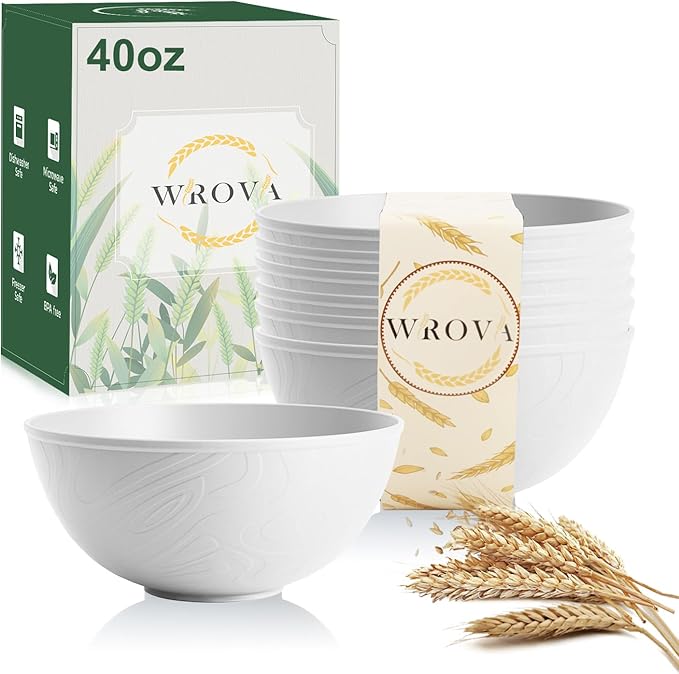 White Wheat Straw Bowls for Cereal and Salad,Alternative Plastic Bowls Set of 6,40oz Unbreakable Soup Bowls suitable for Kitchen,Party,Camping and R.V.