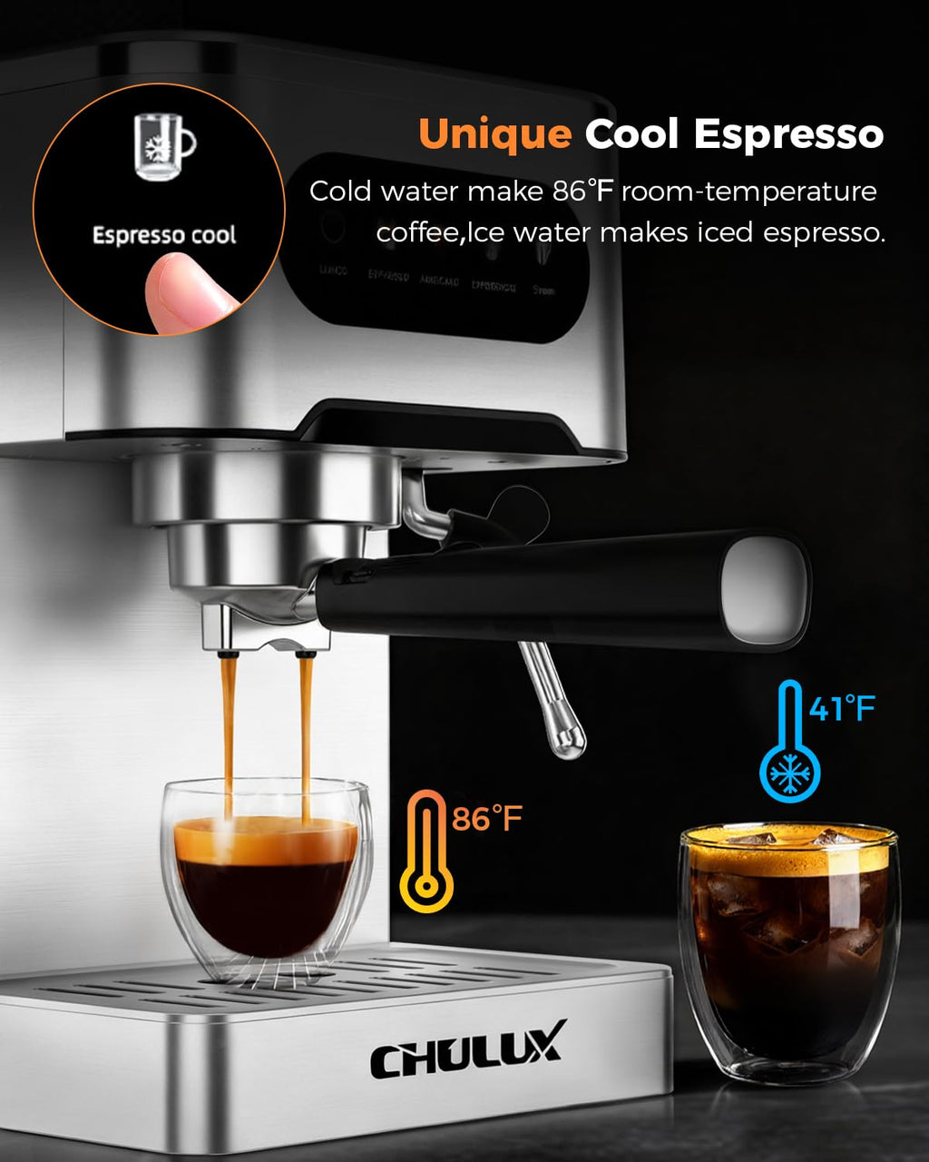 CHULUX Cold Brew Espresso Machine, 20 Bar Stainless Steel Touchscreen Cappuccino & Latte Machine with Steam Wand for Home