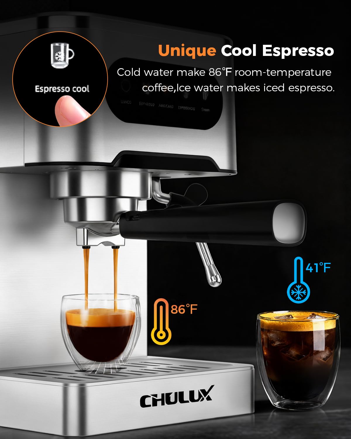 CHULUX Cold Brew Espresso Machine, 20 Bar Stainless Steel Touchscreen Cappuccino & Latte Machine with Steam Wand for Home