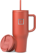 IRON °FLASK Co-Pilot Insulated Mug w/Straw & Flip Cap Lids - Cup Holder Bottle for Hot, Cold Drink - Leak-Proof- Water, Coffee Portable Travel Tumbler - Rusty Red, 40 Oz