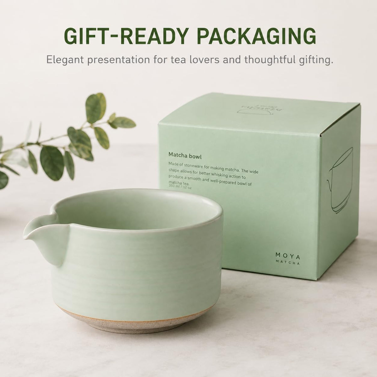 OUGETHER Matcha Traditional Porcelain Tea Bowl with Pour Spout - Hand Made Porcelain with Light Green Matte Glaze - Perfectly Whisked Matcha Green Tea, 430ml/ 14.5oz