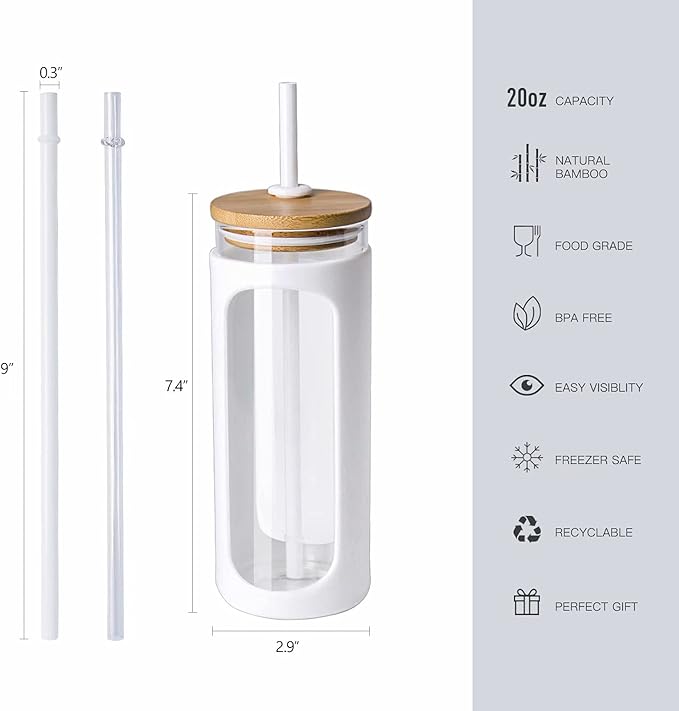 Kodrine 20oz Glass Tumbler with Straw and Lid, Bamboo Lids Water Bottle, Reusable Iced Coffee Cups, Wide Mouth Smoothie Cup with Protective Silicone Sleeve BPA FREE-White+Black-2pack