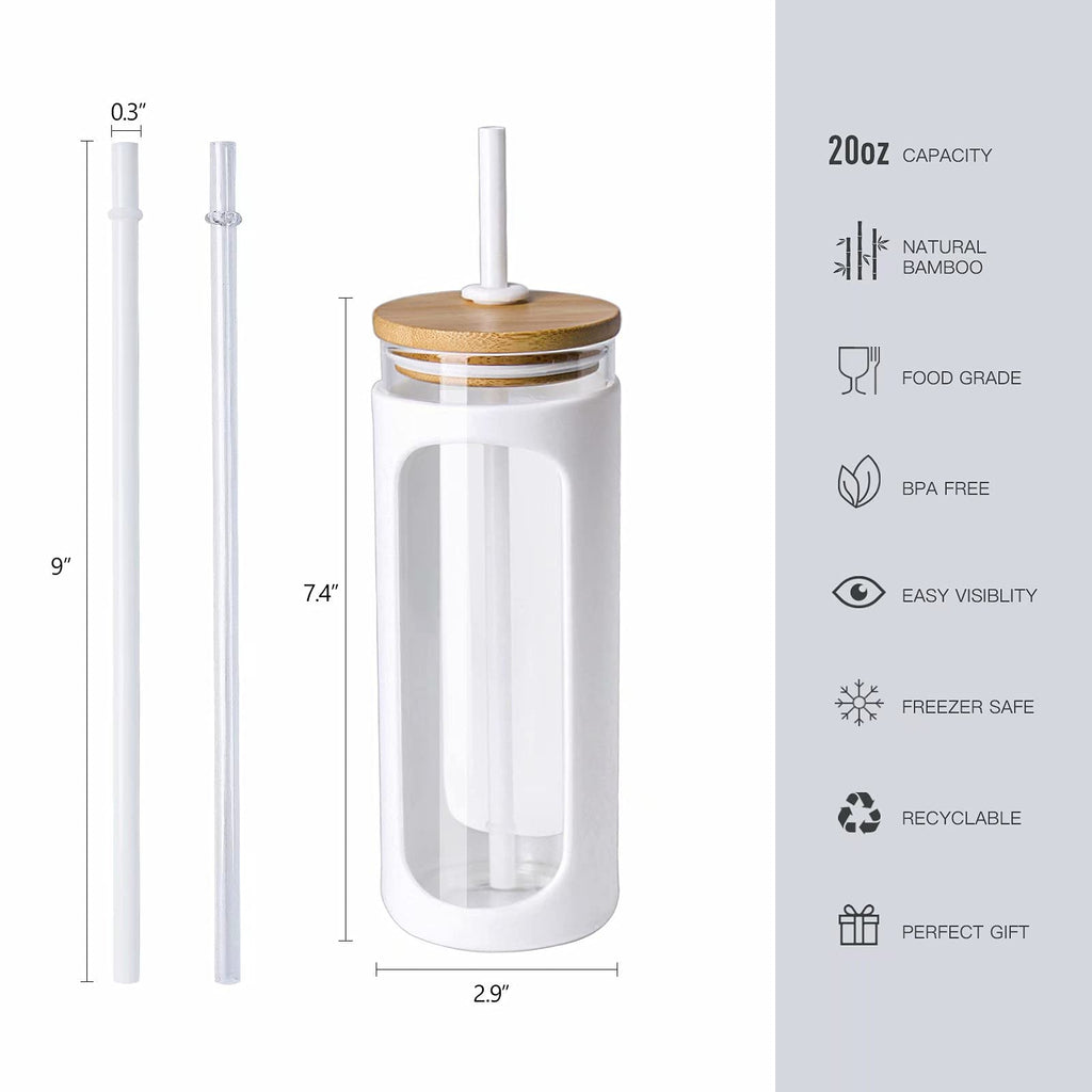 Kodrine 20oz Glass Water Tumbler with Straw and Lid, Bamboo Lids Water Bottle, Iced Coffee Cup Reusable, Wide Mouth Smoothie Cups with Protective Silicone Sleeve BPA FREE-White