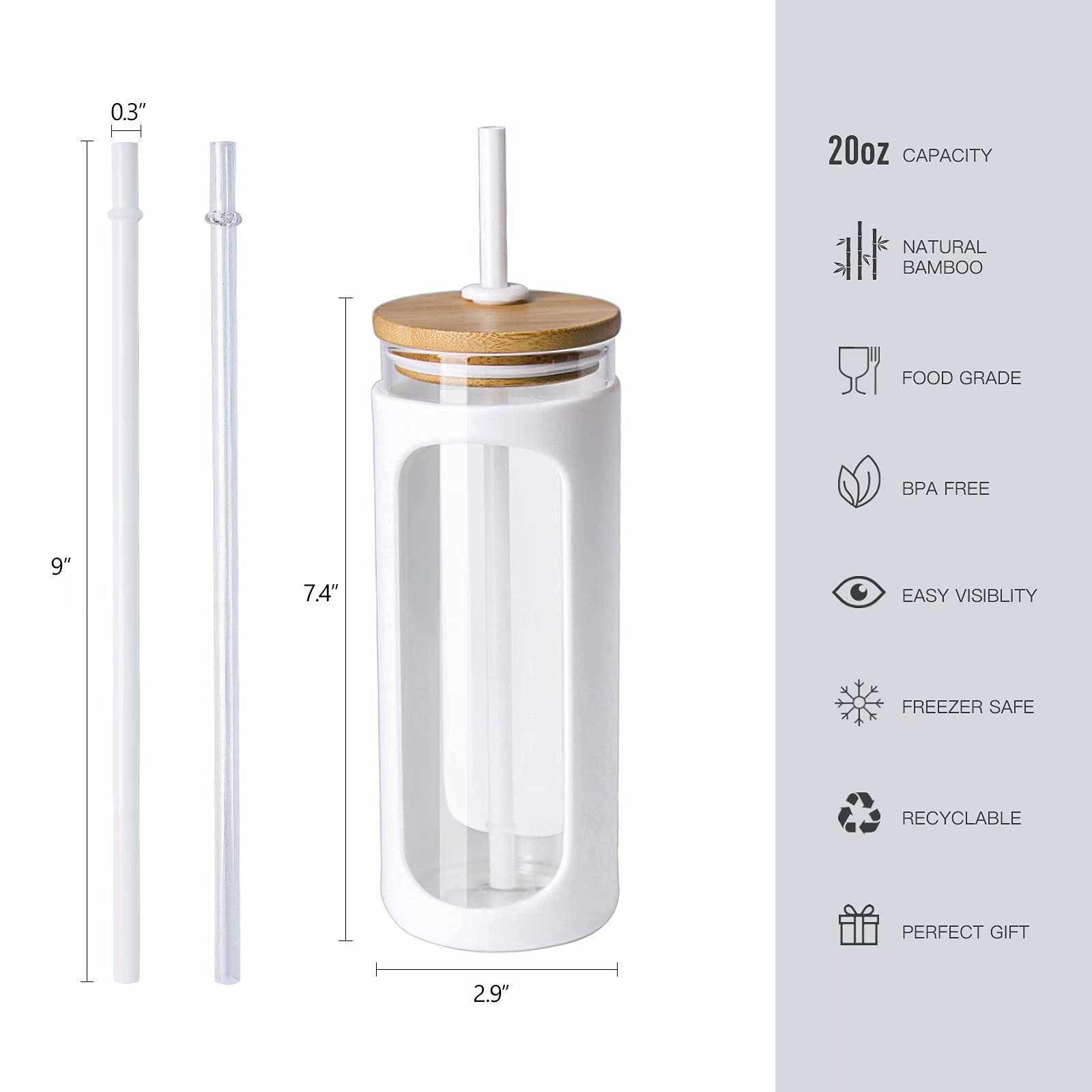 Kodrine 20oz Glass Water Tumbler with Straw and Lid, Bamboo Lids Water Bottle, Iced Coffee Cup Reusable, Wide Mouth Smoothie Cups with Protective Silicone Sleeve BPA FREE-White
