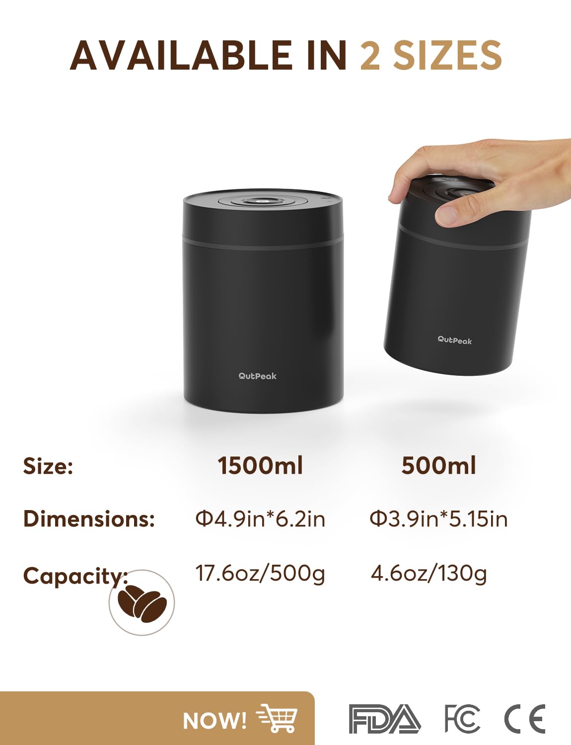 OUTPEAK Neo Latest Vacuum Coffee Canister, 0.5L for 4.6oz Coffee Beans, One-Button Operation, Small Airtight Coffee Canister with Scoop, Coffee Storage Container Stainless Steel (Champion's Choice)