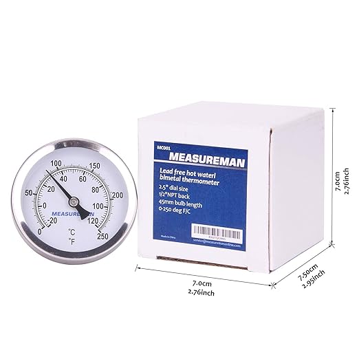 MEASUREMAN Hot Water Bi-Metal Thermometer, 2-1/2" Dial, 1-3/4" Lead-Free Brass Stem, Range 0-250 deg F/-20-120 deg C, 2% Accuracy, Adjustable, 1/2" NPT Back Mount（2 Pack