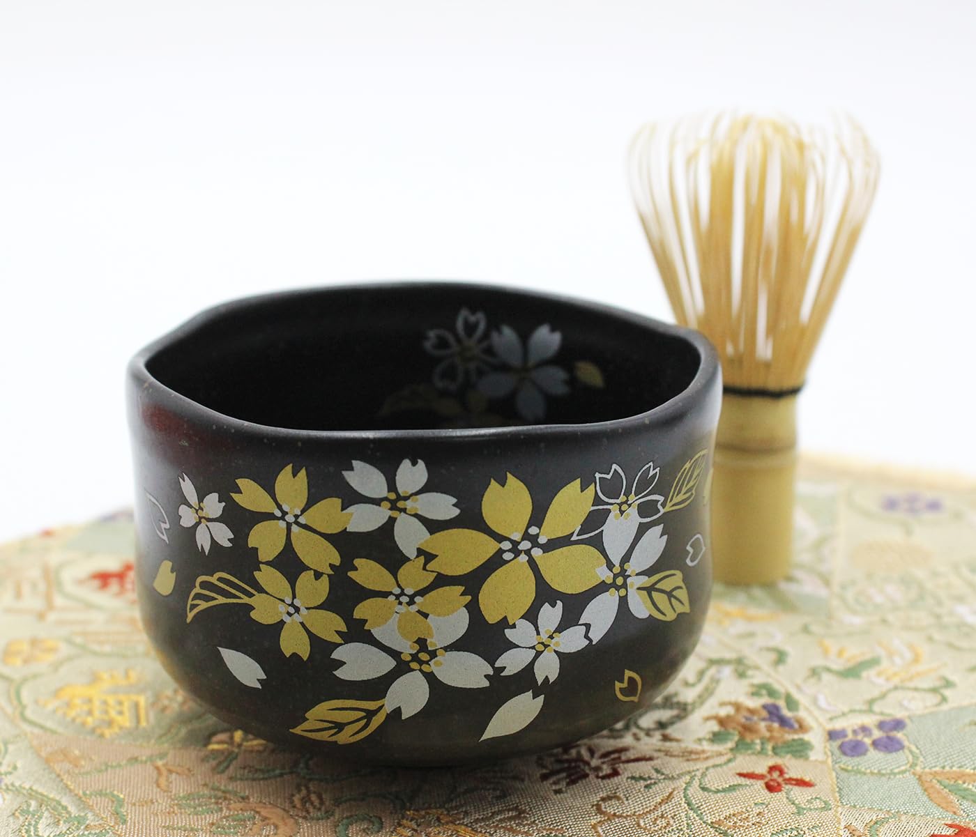 Waraku Fuuka Japanese Traditional Mino Ware Handcrafted Mini Matcha Chawan Tea Bowl Cup Set With Chasen Bamboo Tea Whisk Ceremony Tableware Pottery (Tenmoku Sakura)