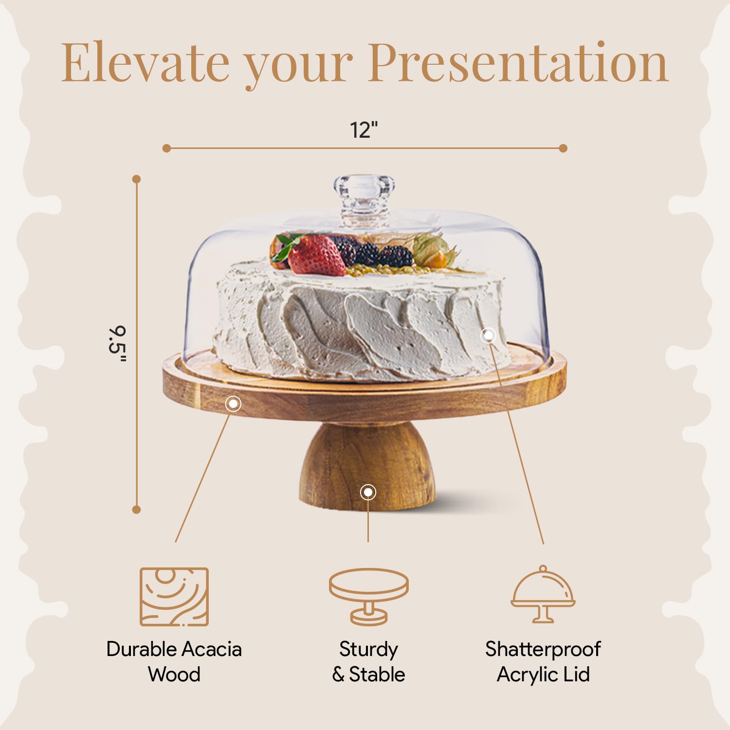 HOMESPHERE Wood Cake Stand with Lid, 2-in-1 Charcuterie Board, Round dome