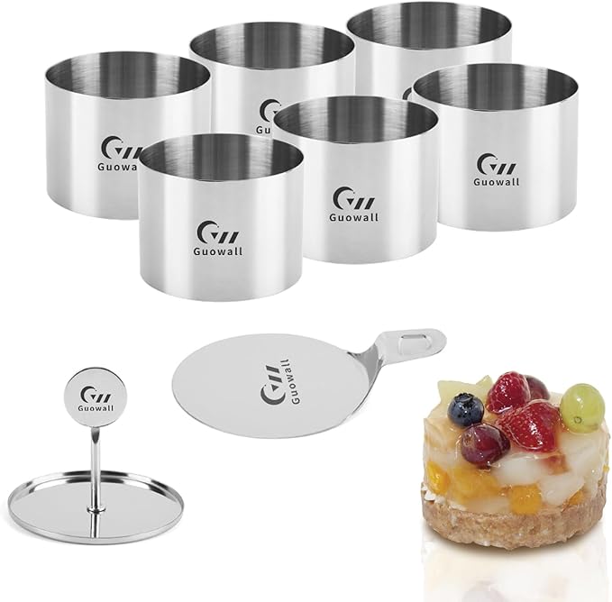 Guowall 6 Pack Seamless Cake Ring Molds Stainless Steel Mousse Rings 3 Inch Round Pastry Cutter for Baking (Includes 6 Rings 1 Pusher and 1 Lifter)