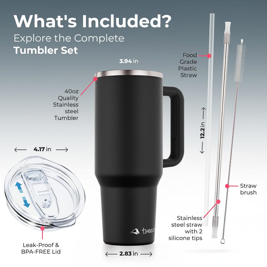 tweevo 40 oz Tumbler With Handle and Straw Made of Stainless Steel - Double Wall Vacuum Insulated Tumbler With Lid - Sweat Proof Easy Grip, BPA-Free, Dishwasher Safe Tumbler (Black)
