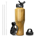 HYDROWION Water Bottle Stainless Steel,Vacuum Insulated Leak Proof Tumbler 32oz with Straw Lid, Spout Lid and Flex Cap(Cold for 48 Hrs, Hot for 24 Hrs), Fit in Any Car Cup Holder, Wood