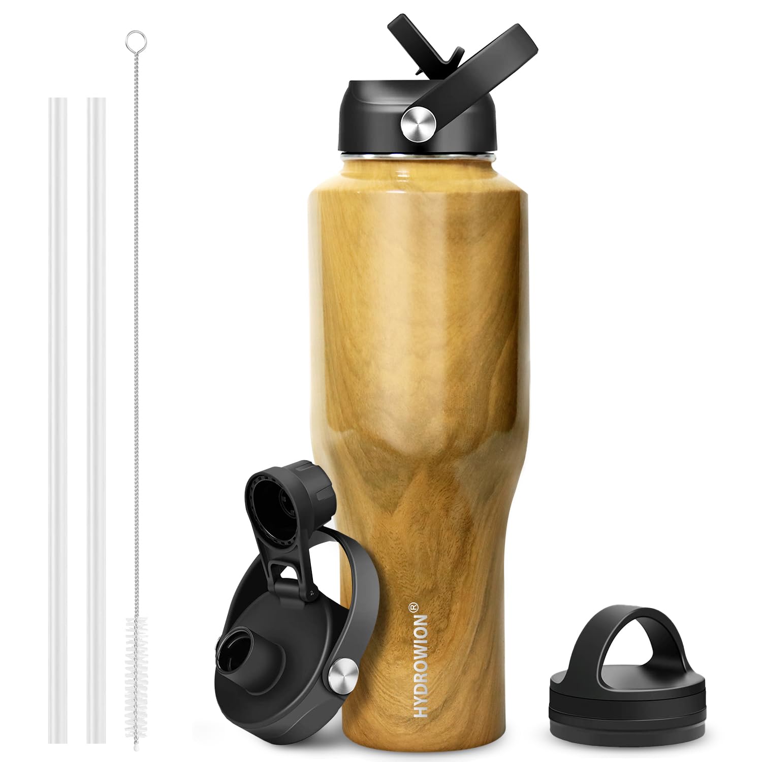 HYDROWION Water Bottle Stainless Steel,Vacuum Insulated Leak Proof Tumbler 32oz with Straw Lid, Spout Lid and Flex Cap(Cold for 48 Hrs, Hot for 24 Hrs), Fit in Any Car Cup Holder, Wood