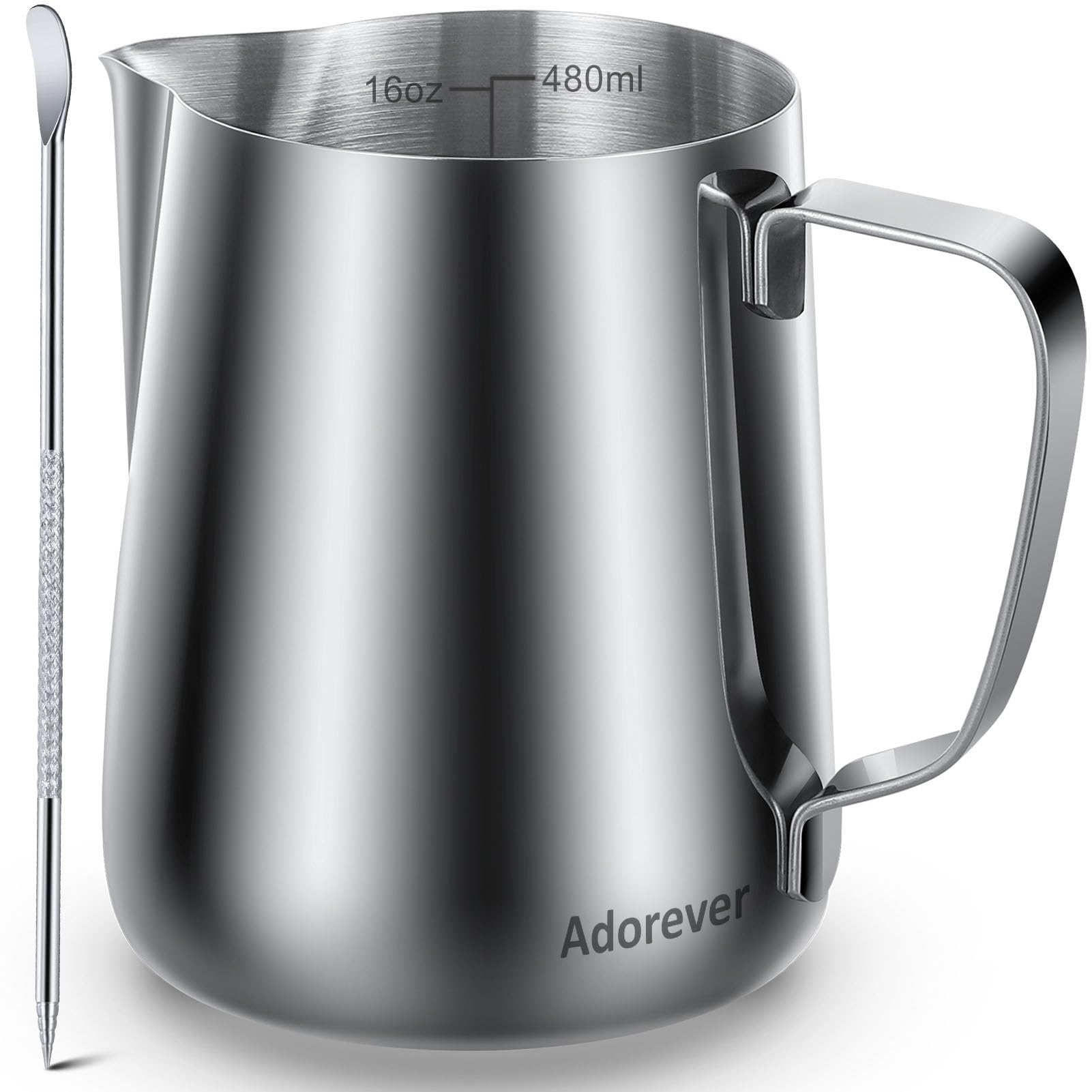 Adorever Milk Frothing Pitcher, 16oz 480ml Milk Frother Cup Stainless Steel Steaming Pitcher, Coffee Bar Cappuccino Espresso Machine Accessories Barista Tools, Steamer Cup Milk Jug with Latte Art Pen