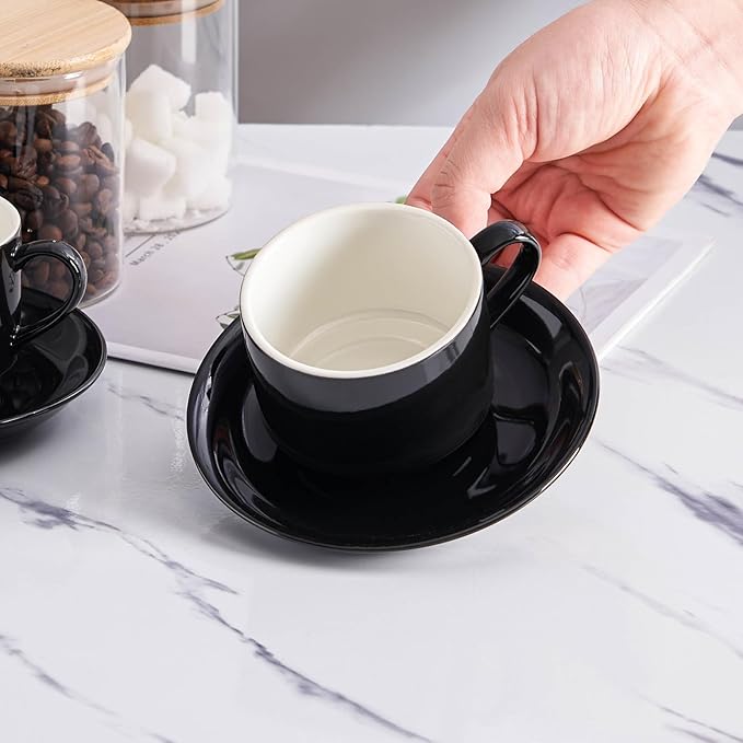 YOLIFE 8oz Porcelain Stackable Cappuccino Cups with Saucers and Metal Stand Set of 4, Coffee cups for Espresso, Specialty Coffee Drinks, Latte, Americano and Tea - Black